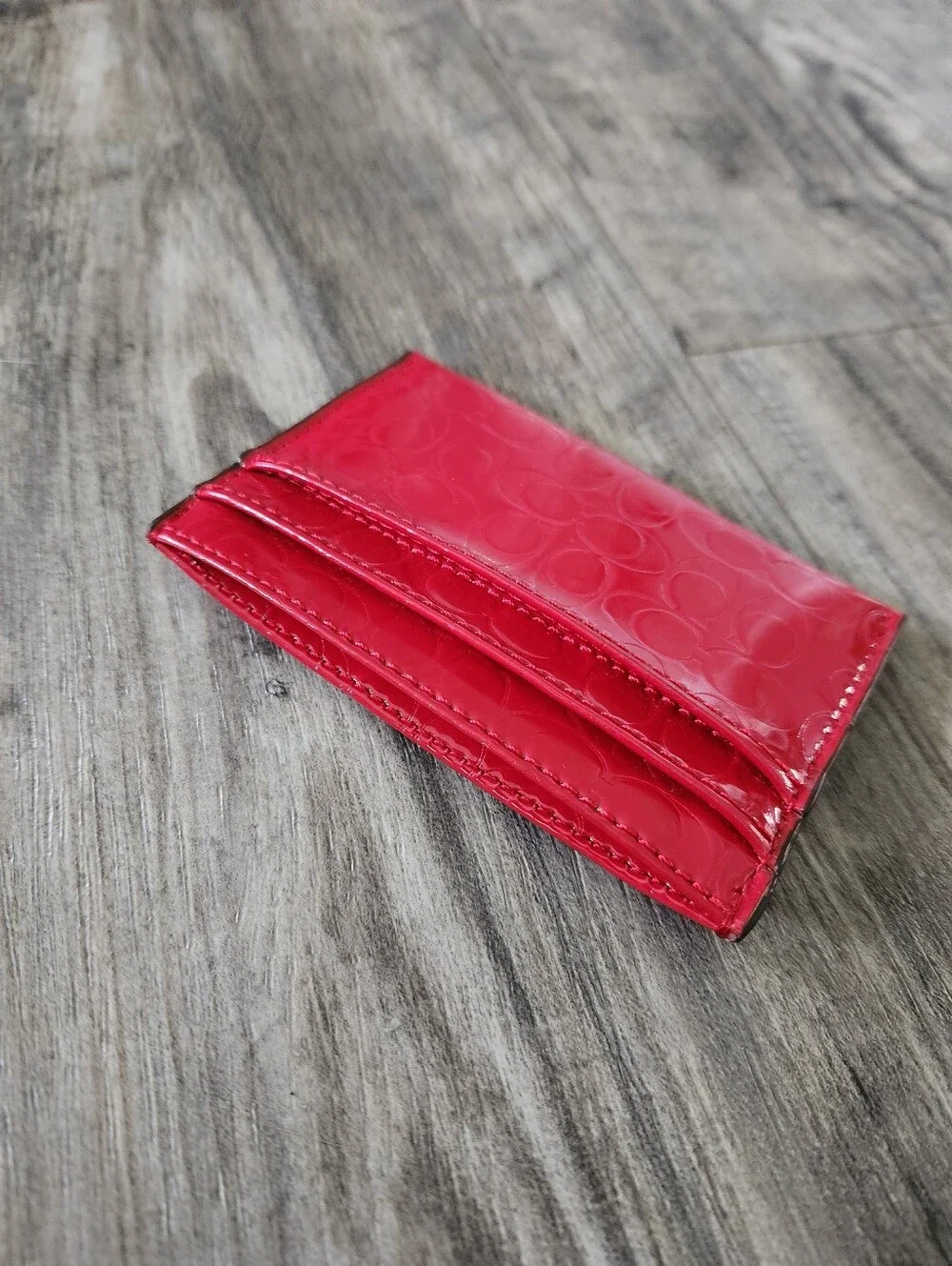 Coach Slim Patent Leather Cherry Red Card Case Wallet Signature C